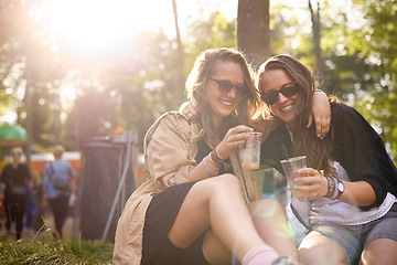Image showing Beer, laughing and woman friends in forest together with audience or crowd at event, festival or party. Smile, funny and young people having fun in nature woods for social gathering and celebration