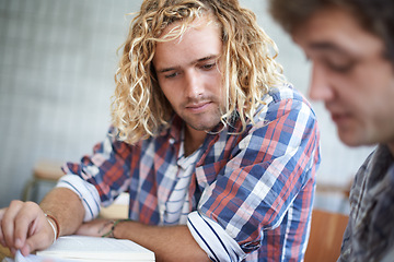 Image showing Students, reading and textbook in university lecture or teamwork for assignment, project or research. Male people, friends and group studying in college for education or class learning, notes or exam