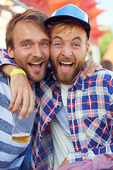 Image showing Happy, men and celebration in portrait at festival, forest and reunion for bonding together on holiday. Friends, face and excited on vacation in woods and danish music culture at concert in denmark