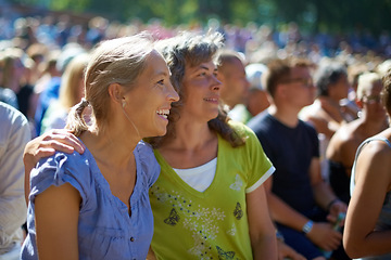 Image showing Mature, women and friends by festival look happy, outdoors and holiday in Amsterdam. Music concert, audience and summer vacation for happiness, celebration and party for sunshine festive vibe