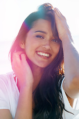 Image showing Mexican woman, outdoor and smile for nature, portrait and breeze for summertime in Bali for vacation. Female person, lens flare and holiday relaxation for abroad, outside and happy for trip.