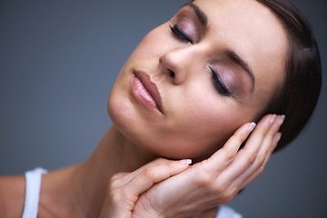 Image showing Calm woman, skincare and beauty makeup in cosmetics or facial treatment on gray studio background. Face of female person or model in relax or satisfaction for eye shadow or foundation on mockup space