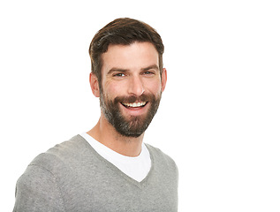 Image showing Portrait, smile and fashion with man, happiness and confident guy isolated on a white studio background. Face, person and model with joy and mockup space with geek and funny with humor and laughing