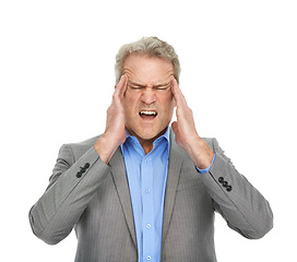 Image showing Angry, business man and headache with pain from burnout and work mistake in a studio. Mature, sales manager and mental health with stress from management issue and frustrated with white background