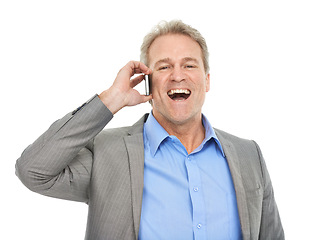 Image showing Business, man and phone call in studio laughing for communication, feedback and happy news. Portrait of mature, corporate person listening on mobile for chat with wow or excited on a white background