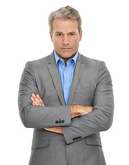 Image showing Business, man and arms crossed in studio portrait for corporate career, serious and strict rules or compliance. Face of a professional lawyer or mature attorney in legal manager on a white background