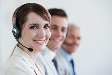 Image showing Woman, call center and portrait, CRM or contact us with headset and mic, coworking and smile for communication. Telecom, customer service or telemarketing with agent for tech support or help desk