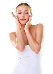 Image showing Woman, face and soft skin for beauty and health on a white studio background with wellness. Touch, smooth and female person with confidence for treatment with cosmetic dermatology on a backdrop