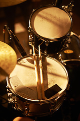 Image showing Drum, microphone and music in closeup for studio, record and rehearsal for stage, performance and studio with passion. Instrument, equipment and musician with entertainment for live at concert
