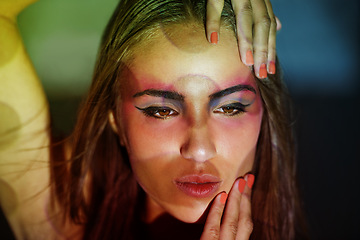 Image showing Woman, art and thinking with makeup creativity, lights and pattern projection with cosmetics and beauty. Shadow, confidence and female model with glow and spotlight with retro fantasy in studio