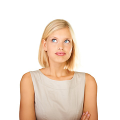 Image showing Thinking, confused and business woman in studio with ideas, worried or problem solving on a white background. Young employee or annoyed secretary with career doubt, stress and looking up for solution