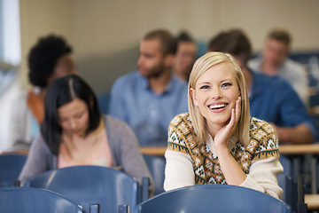 Image showing Portrait, confident or happy woman in classroom for knowledge, school development or future. Scholarship, education or face of student with smile or pride for studying or learning in college campus
