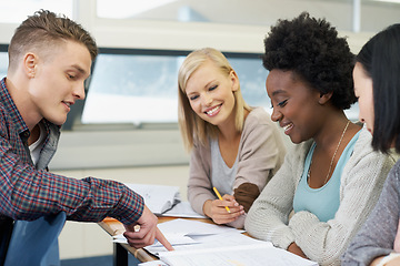 Image showing Paperwork, learning or students in library speaking of education, knowledge or group in college project. Explain, university or friends studying with teamwork in school meeting for research or books