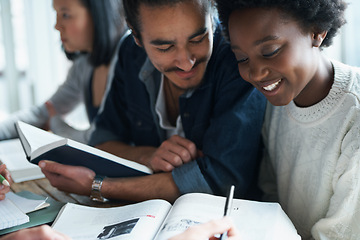 Image showing Students, studying and book with people learning for education and university, research and information. Scholarship, problem solving and analysis of academic course work with diversity on campus