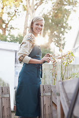 Image showing Gardening, morning and portrait of woman in backyard with plants for landscaping, planting flowers and growth. Agriculture, nature and person outdoors for environment, ecology and nursery in garden