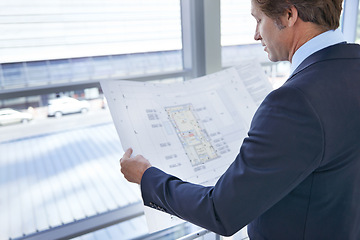 Image showing Blueprint, architecture and man in office for planning, building project and real estate remodeling. Engineering, contractor business and person with document, illustration and drawing for floor plan