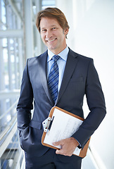 Image showing Clipboard, office and portrait of business man in corridor with documents, paperwork and contract. Professional, corporate lawyer and person with papers for planning, notes and project management