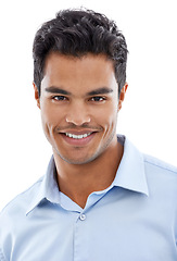 Image showing Face, happy and business man in studio with professional style, smile and career on a white background. Portrait of a Mexican accountant or employee in a shirt and headshot for company confidence