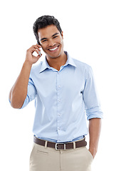 Image showing Business, man and phone call in studio for communication, happy networking and consulting. Portrait of a worker, professional and Mexican consultant speaking on mobile for chat on a white background