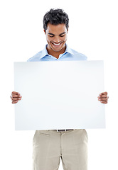 Image showing Mockup, poster and business man in studio with news, presentation or promotion on white background. Banner, recruitment and recruiter with space for we are hiring, information or opportunity platform