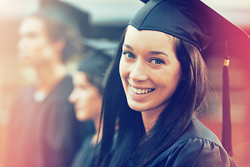 Image showing Happy woman, portrait and student in graduation for achievement, future or education at university. Face of female person or graduate with smile for qualification, certification or ceremony at campus