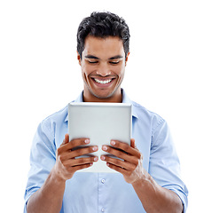 Image showing Business, tablet and happy man in studio for social media, news or information on white background. Digital, search or male consultant online for client communication, help or app for crm service