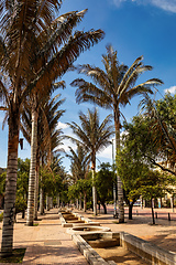 Image showing Walking path and fountains of the Eje Ambiental in Bogota city center.