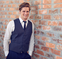 Image showing Fashion, portrait and happy business man with formal, clothes or professional style on brick wall background. Corporate, face or male lawyer with positive attitude, confidence or smart outfit choice