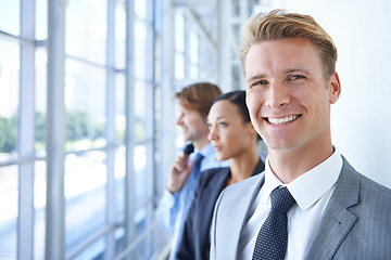 Image showing Teamwork, portrait and business people by office window for legal company, management and collaboration. Corporate lawyers, professional attorney and men and woman for partnership, law firm or career