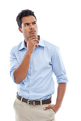 Image showing Thinking, question and business man in studio with ideas, vision or search for inspiration on a white background. Mexican employee or accountant with solution, doubt or confused for his career or job