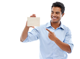 Image showing Mockup, happy man or hand pointing to business card in studio for startup, promotion or marketing on white background. Paper, recruitment or male agent we are hiring space, contact us or information