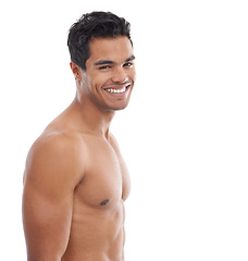 Image showing Body, skincare or portrait of fitness man in studio for wellness, treatment or glowing skin on white background space. Face, mockup or model with beauty, care and dermatology or result satisfaction