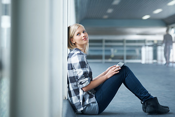 Image showing University, college and woman with tablet in hallway for online learning, studying and knowledge. Education, college and student with digital tech for internet research, notes or knowledge on campus