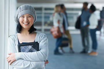 Image showing University, college and portrait of Asian woman with books in hallway for learning, studying and knowledge. Education, college and happy student with textbooks for notes and knowledge on campus