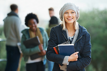 Image showing Student, woman and happy in portrait with books on campus, education and learning material for studying. Smile scholarship and university for academic growth, textbook or notebook with knowledge