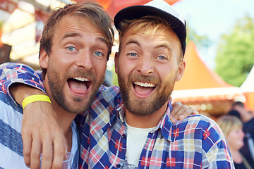 Image showing Excited, men and celebration in portrait at festival, forest and reunion for bonding together on holiday. Friends, face and happy on vacation in woods and danish music culture at concert in denmark