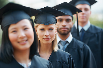 Image showing Portrait of woman, graduation and students in college or university to celebrate school diploma or degree. Diversity, graduate scholarship or proud community with education in line or ceremony event