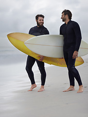 Image showing Happy man, friends and surfer at beach for exercise, sport or waves on sandy shore in outdoor fitness. Male person or people with surfboard for surfing or hobby on ocean coast, sea or water in nature