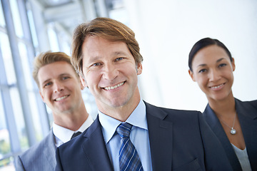 Image showing Corporate team, office and portrait of business people for pride, confidence and collaboration in hallway. Professional lawyers, diversity and men and woman for partnership, leadership and about us