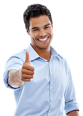 Image showing Businessman, success and thumbs up in studio for achievement, support and like emoji or yes hands. Portrait of professional Mexican man or worker with good job, okay or feedback on a white background