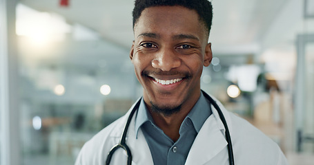 Image showing Hospital, doctor and face of black man for medical service, insurance and clinic care. Healthcare, consulting and portrait of health worker with stethoscope for cardiology, medicine and support