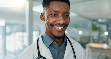 Image showing Hospital, doctor and face of African man for medical service, insurance and clinic care. Healthcare, consulting and portrait of health worker with stethoscope for cardiology, medicine and support