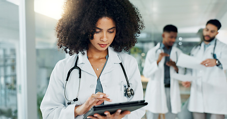 Image showing Tablet, doctor and woman typing, reading or research medicine study, cardiology info and healthcare data. Team review, hospital manager and medical surgeon, nurse or clinic worker search web database