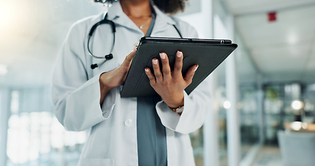 Image showing Tablet, doctor hands and person typing research of medicine study, cardiology info and reading healthcare data. Closeup, hospital and medical surgeon, nurse or clinic worker search online database