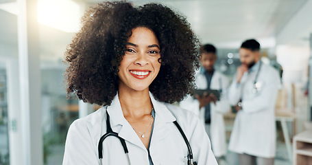 Image showing Hospital, happy and face of African doctor for medical service, insurance and clinic care. Healthcare, consulting and portrait of woman with stethoscope smile for cardiology, medicine and support