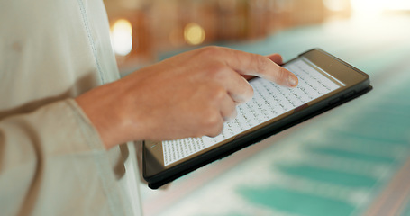 Image showing Scripture, Islam and hands with a tablet at a mosque for communication, prayer or reading on an app. Research, website screen and a person scrolling on technology to study islamic faith online
