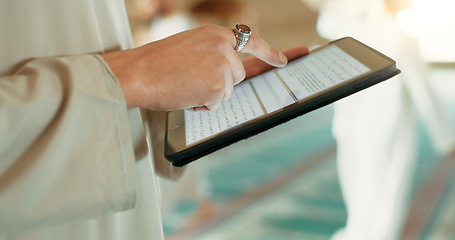 Image showing Religion, Islam and hands with a tablet at a mosque for communication, prayer or reading scripture. Research, website screen and a person scrolling on technology to study islamic faith online