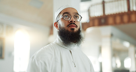 Image showing Man, thinking and mosque for islam religion, spirituality or Ramadan in holy temple for prayer to God. Muslim person for belief or culture, Eid Mubarak or praise with hope, travel and faith in Allah