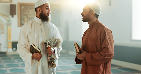 Image showing Islam, men and talking in mosque for religion advice, spirituality or learning Friday prayer to God. Muslim friends, people or community for culture, Eid Mubarak or praise Allah as revert and leader