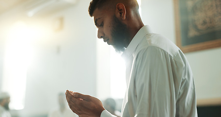 Image showing Gratitude, Muslim and man with faith in a mosque for praying, peace and spiritual care in holy religion for Allah. Respect, Ramadan and Islamic person with kindness, hope and humble after worship